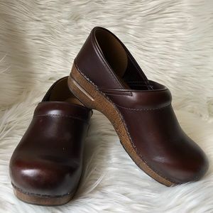 Brown dansko leather slip on mules